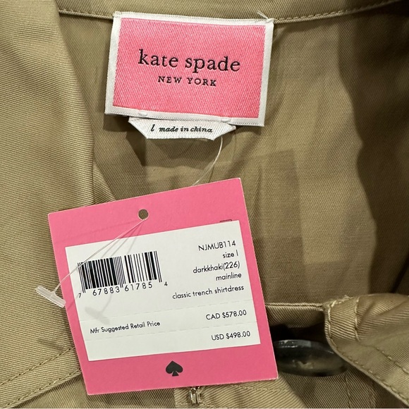 New Kate Spade Sleeveless Classic Trench Shirt Dress Belted Khaki Tan Size Large - Picture 4 of 7